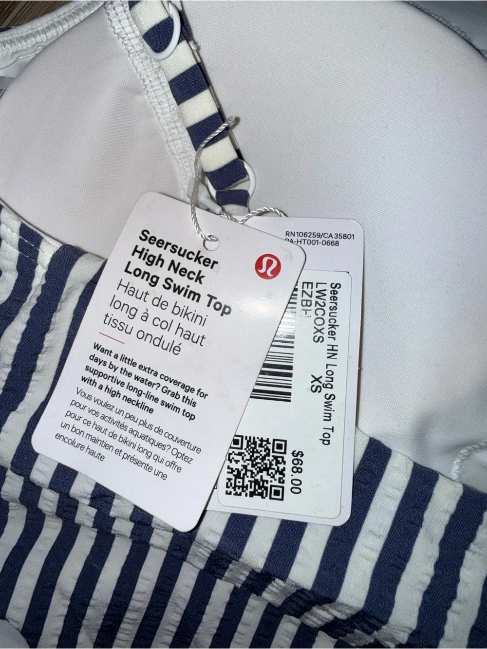 NWT Lululemon Seersucker Blue Stripe High Neck Long Line Bikini Swimsuit Top XS